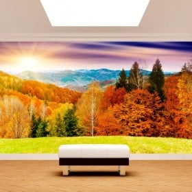Photo montagnes coucher de soleil de peintures murales de mur