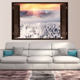 Montagnes enneigées de coucher de soleil neige de fenêtres en vinyle