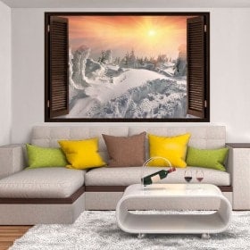 Fenêtres en vinyle 3D coucher de soleil dans les montagnes enneigées