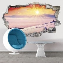 Vinyle décoratifs 3D coucher de soleil des montagnes enneigées
