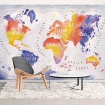 Murales vinyles carte du monde aquarelle