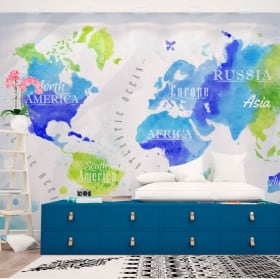 Murales vinyles carte du monde aquarelle