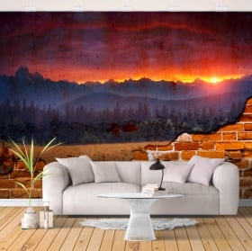 Photo murales coucher de soleil dans les montagnes mur cassé