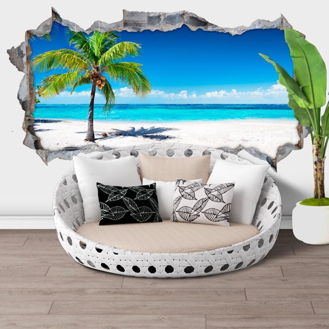 Sticker Mural Tropical, 3D Plage Paysage avec Palmier Murale Art Mural pour  Salon Décoration de la Maison 