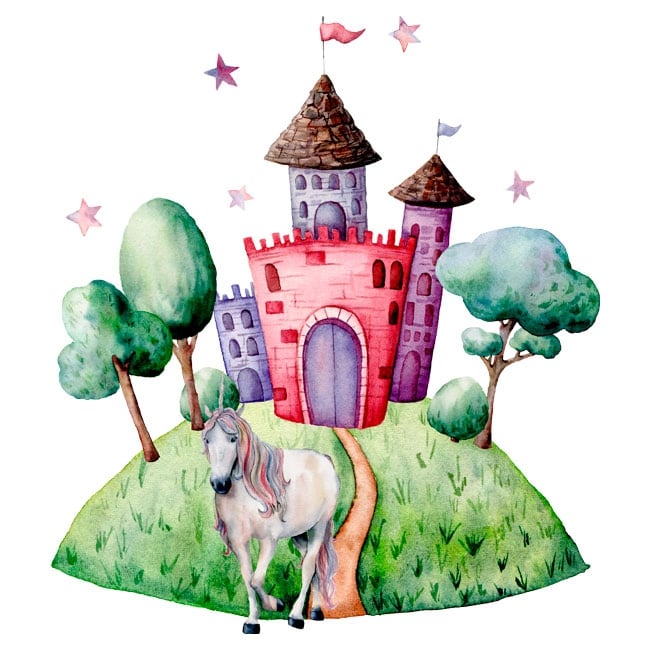 Vinyle Enfants Ou Jeunes Licorne Et Chateau Aquarelle