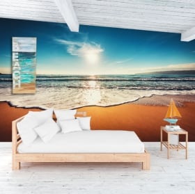 Murales de vinyle palmiers et coucher de soleil sur la plage