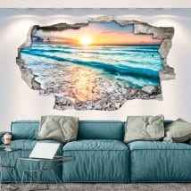 Vinyls trou de mur coucher de soleil sur la plage 3d