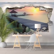 Vinyls trou de mur coucher de soleil pont sur l'île 3d