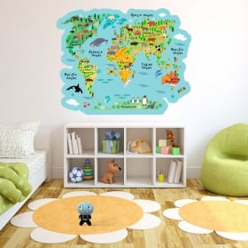 Vinyles et autocollants carte du monde avec des animaux d'enfants