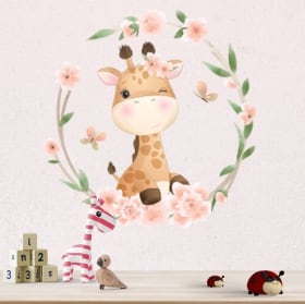 Vinyle et stickers muraux girafe avec des fleurs