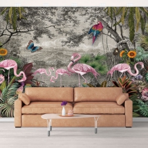 Papier peint flamants roses et oiseaux de la jungle tropicale