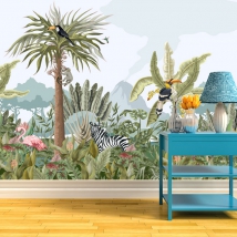 Papier peint ou murale de paysage tropical avec flamant rose, zèbre et toucan