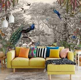 Peinture murale ou papier peint de forêt avec des oiseaux et des animaux de paon