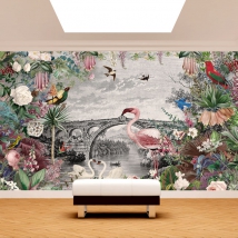 Papier peint fleurs vintage et oiseaux flamants roses