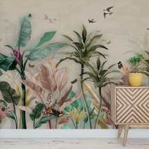 Papier peint ou murale plantes tropicales et oiseaux