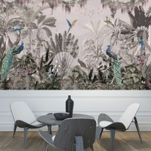 Papier peint paysage ou murale plantes tropicales et oiseaux