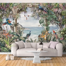 Papier peint ou murale dessin classique plantes marines et oiseaux tropicaux