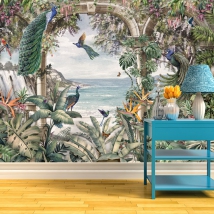 Papier peint ou peinture murale dessin cascade plantes marines et oiseaux tropicaux