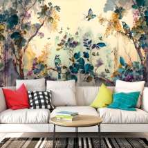 Peintures murales illustration fleurs et oiseaux aquarelle