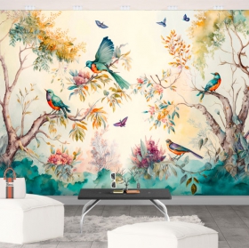 Papier peint aquarelle oiseaux fleurs forêt