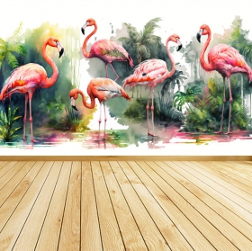 Papier peint ou murale paysage tropical avec des flamants roses