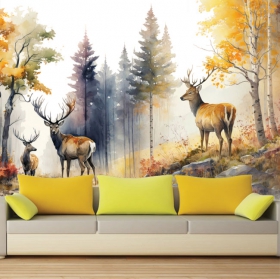 Forêt d'automne dell'acquerello avec carta da parati ou murale di renne