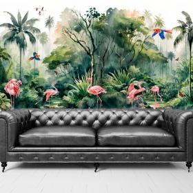 Papier peint ou murale aquarelle jungle flamants roses aras