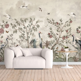 Papier peint ou murale dessin paysage plantes et oiseaux