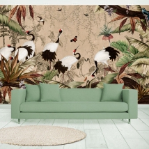 Papier peint ou murale dessin forêt paysage oiseaux et papillons