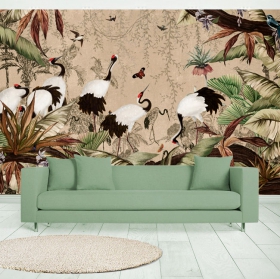 Papier peint ou murale dessin forêt paysage oiseaux et papillons