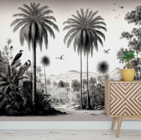 Murale illustration de la jungle en noir et blanc