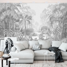 Papier peint illustration jungle tropicale noir et blanc