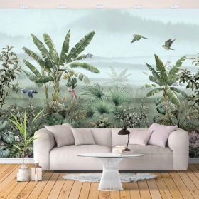 Papier peint ou murale paysage de jungle fleurs et oiseaux tropicaux