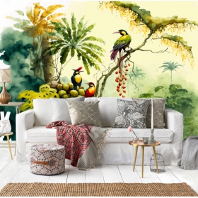 Papier peint aquarelle plantes tropicales et oiseaux