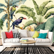 Papier peint ou murale plantes fruits oiseaux tropicaux style aquarelle
