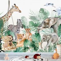 Papier peint ou murale dessin d'enfants animaux de la jungle oiseaux