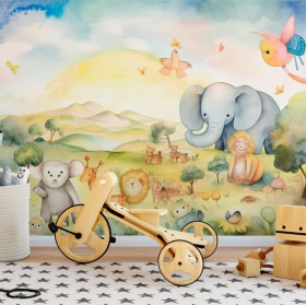 Papier peint ou peinture murale illustration pour enfants aquarelle paysage animaux