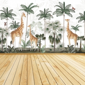 Papier peint ou murale paysage palmiers girafes et oiseaux