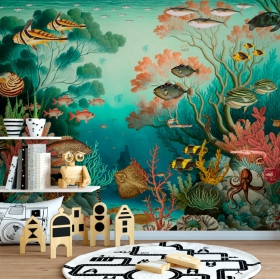 Papier peint ou murale fond marin poisson corail pieuvre