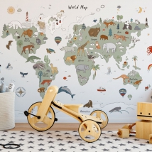 Papier peint carte du monde pour enfants dessins d'animaux