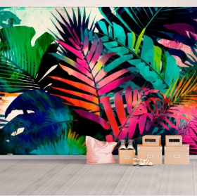 Papier peint illustration colorée plantes palmiers jeune
