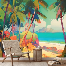 Paysage de plage tropicale avec papier peint ou peinture murale de palmiers paradisiaques