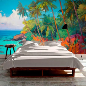 Peinture de paysage tropiques de plage paradisiaque avec papier peint ou peinture murale de palmiers