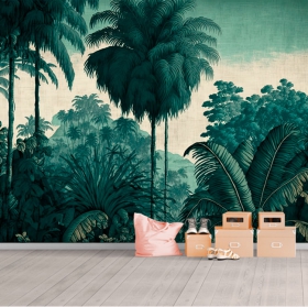 Illustration classique de la jungle tropicale avec papier peint ou peinture murale de palmiers