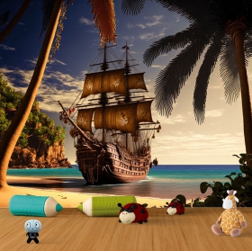 Paysage bateau pirate sur une plage tropicale