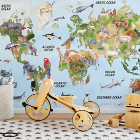 Papier peint ou murale de carte du monde avec des dessins d'animaux par emplacement géographique