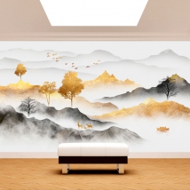 Papier peint ou illustration murale paysage oriental brouillard doré