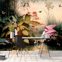 Papier peint ou peinture murale lac d'illustration vintage avec des oiseaux et des canards