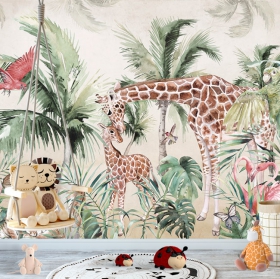 Papier peint ou murale aquarelle jungle tropicale girafes tigres oiseaux