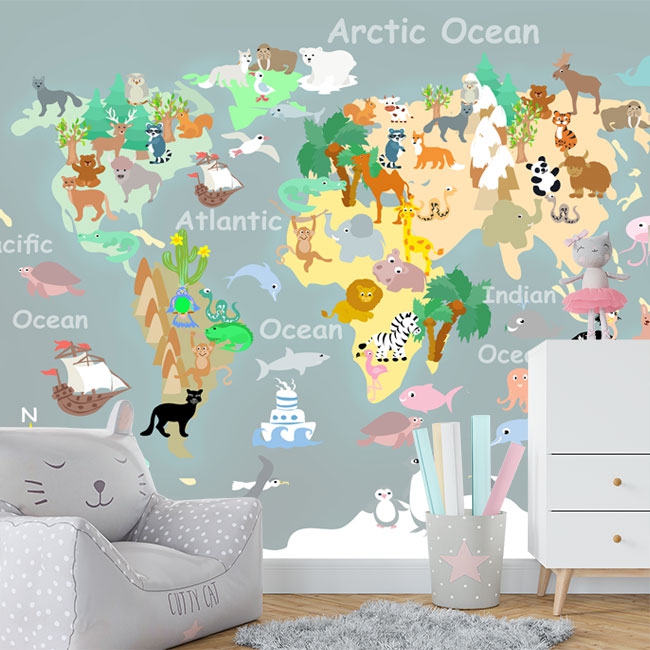 🥇 Fond d'écran ou carte du monde murale avec illustration pour enfants  d'animaux 🥇